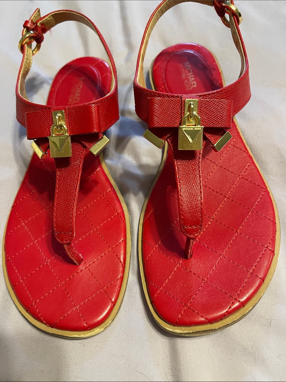 Michael Kors Red Leather Quilted T-Strap Sandals with Gold Hardware size 8